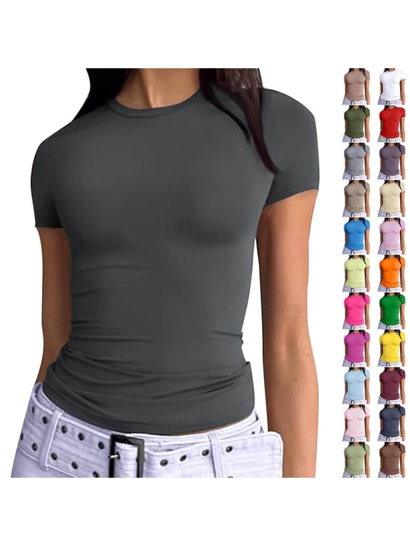 Womens Basic T Shirts Summer Trendy Crop Top Short Sleeve Going Out Tops Slim Fit Tees Tight Y2K Clothing Light Green XS