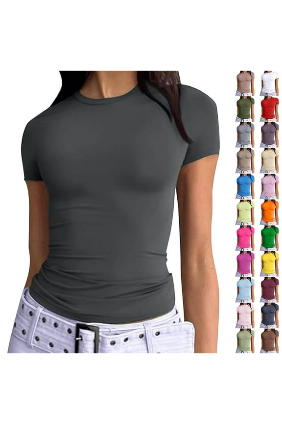 Womens Basic T Shirts Summer Outfits 2025 Scoop Neck Short Sleeve Crop Tops Slim Fit Tees Y2k Clothing Orange S