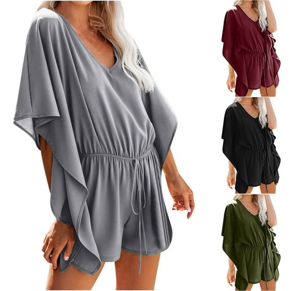 DDAPJ pyju Womens Batwing Short Sleeve Rompers Flowy Chiffon Jumpsuit Shorts Baggy Comfy Drawstring Short Overalls One Piece Beach Outfits Gray M