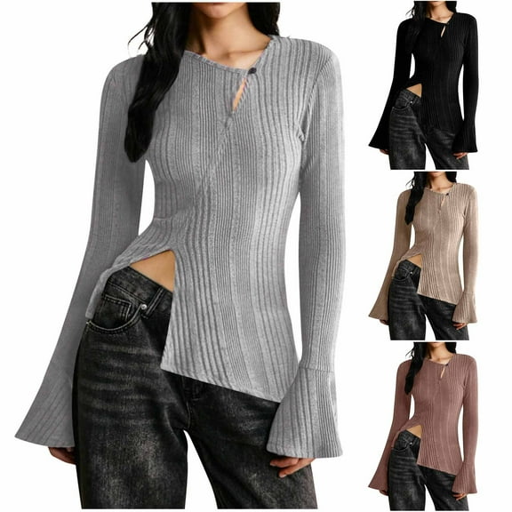 DDAPJ pyju Womens Bell Long Sleeve Tops Going Out Knitted Pullover Sweater Y2K Asymmetric Neck Slim Fit T Shirt Khaki XL