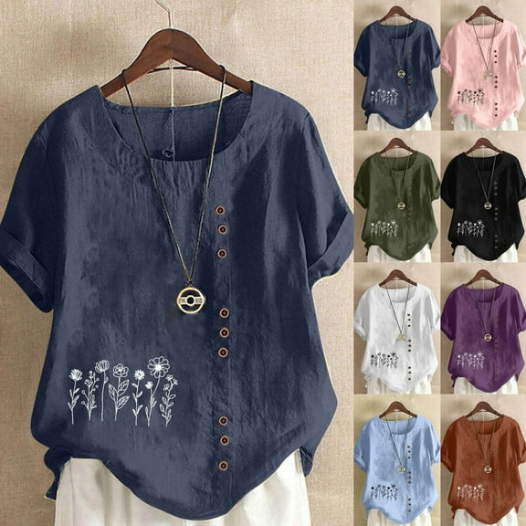 DDAPJ pyju Womens Boho Tops Floral Print Tshirt Baggy Comfy Linen Blouse Dressy Casual Summer Tees Prime Sales Today Coffee XXXL