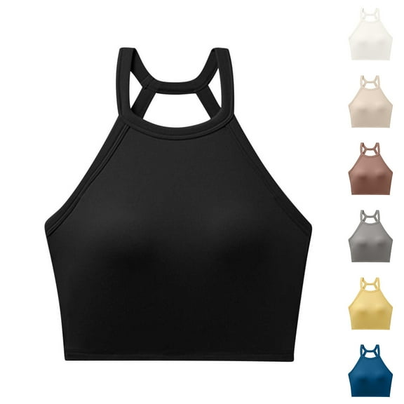 DDAPJ pyju Womens Built-in Bra Halter Camisoles 2025 Summer Padded Workout Tank Tops Sleeveless Casual Cami Shirts Limited Time Sales Yellow M