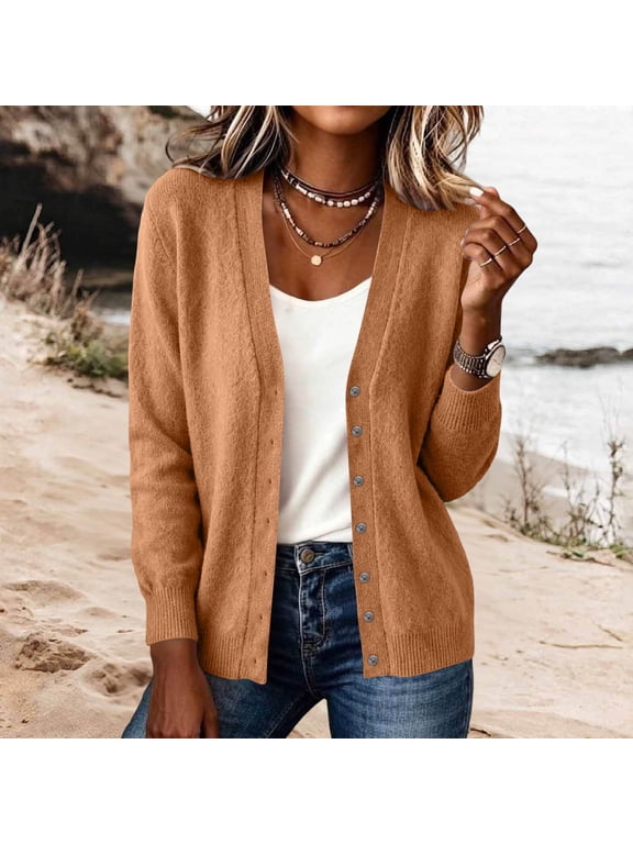 Womens Button Down Cardigan Sweater Long Sleeve V Neck Soft Knit Cardigans Lightweight Openn Front Fall Outerwear for Work Office School Daily Wear XS