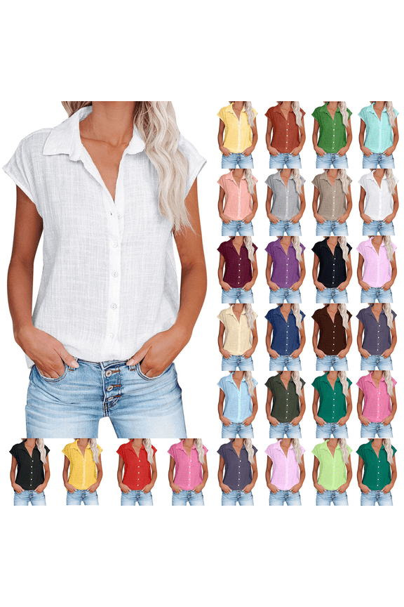 Womens Button Down Cotton Linen Shirts V Neck Roll Up Short Sleeve Blouses Loose Collared Shirt Casual Work Tops Birthday Gifts Prime Brown XXXXXL