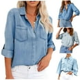 thumbnail image 1 of DDAPJ pyju Womens Button Down Denim Shirts Roll Up Long Sleeve Jean Shirt Jacket Oversized Distressed Tunic Tops on Sale Light Blue S, 1 of 6