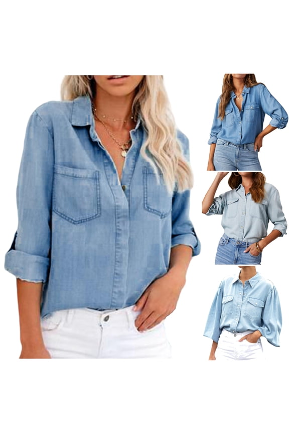 Womens Button Down Denim Shirts Roll Up Long Sleeve Jean Shirt Jacket Oversized Distressed Tunic Tops on Sale Light Blue S