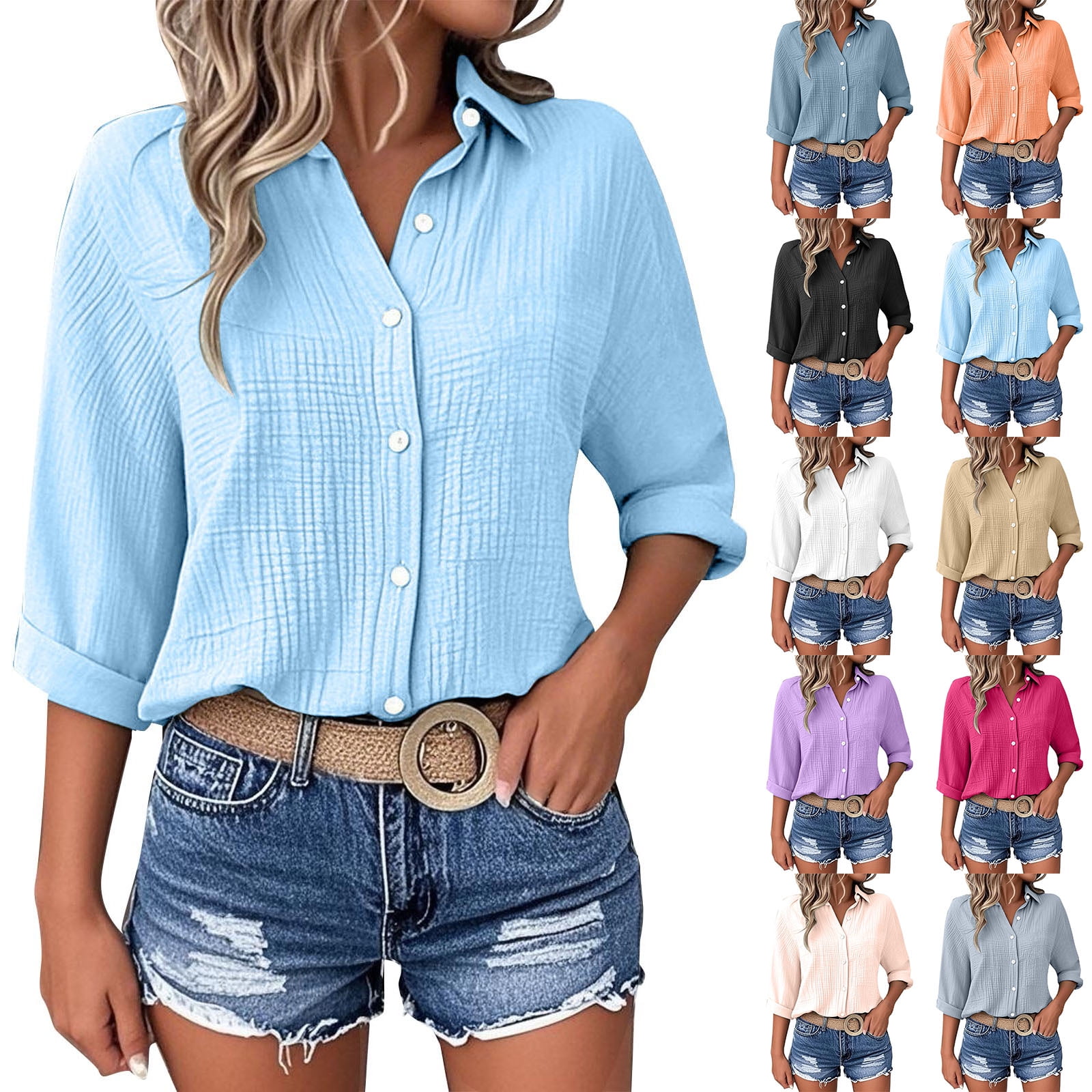 DDAPJ pyju Womens Button Down Shirts 3/4 Sleeve Casual Dress Shirt ...