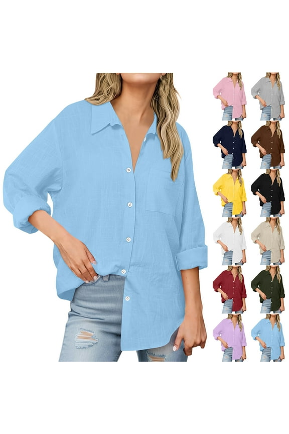 Womens Button Down Shirts Cotton Linen Dress Shirt Long Sleeve Oversized Boyfriend Solid Tunic Tops with Pocket Pink M