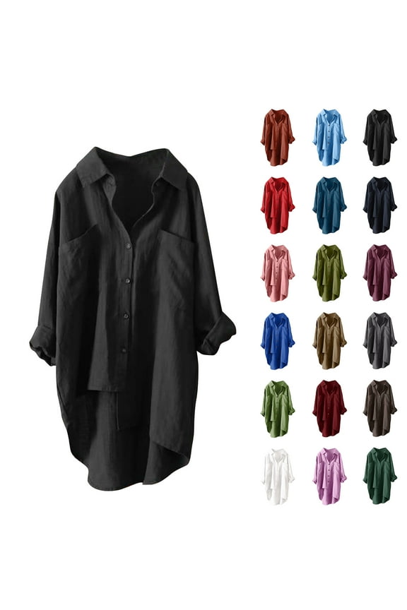 Womens Button Down Shirts Linen Cotton Long Sleeve Blouse Tunic Tops Cover Up Shirt Loose Beach Bikini Dress Clearance Sale Black M