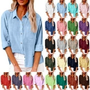 DDAPJ pyju Womens Button Down Shirts Rolled Up Long Sleeve Cotton Linen Tops Basic Solid Textured Casual Work Blouses Breathable Summer Shirt Mother's Day Gifts Army Green XXXXL