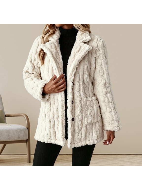 Womens Cable Knit Fleece Jacket Notch Lapel Button Down Shacket Soft Cozy Sherpa Jackets Fuzzy Warm Winter Coat with Pockets S