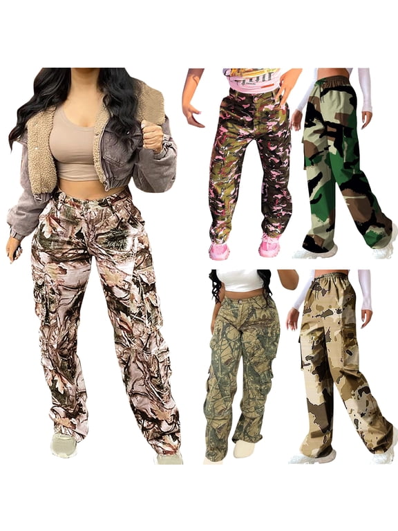 Womens Camo Cargo Pants High Waist Casual Camouflage Pants Vintage Street Trousers with Pockets Camouflage XL