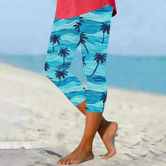 DDAPJ pyju Womens Capri Leggings Boho Floral Print Casual Yoga Pants High Waisted Capris Summer Beach Cropped Pants 70% off Clearance Sale Sky Blue XL