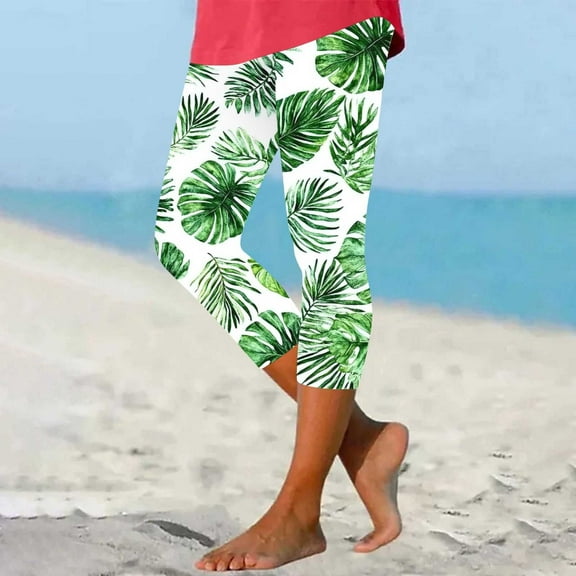 DDAPJ pyju Womens Capri Leggings Boho Floral Print Casual Yoga Pants High Waisted Capris Summer Beach Cropped Pants Today's Sales Light Green XXL