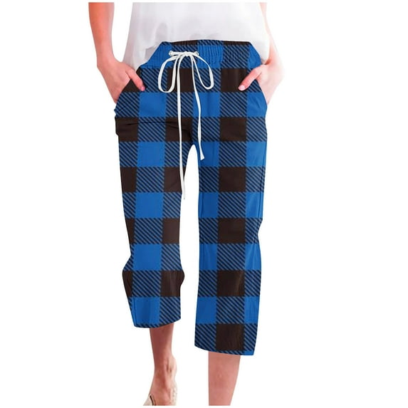 DDAPJ pyju Womens Capri Pants Plaid Print Casual Loose Straight Leg Pants High Waisted Drawstring Yoga Capris Summer Wide Leg Cropped Pants with Pockets Blue XXXL