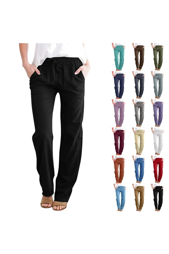 Womens Casual Linen Pants Lightweight Drawstring Elastic Waist Spring Summer Beach Slacks Comfy Trousers Gray M