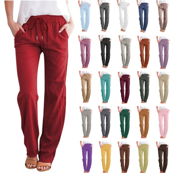 DDAPJ pyju Womens Casual Linen Pants,Straight Leg Drawstring Elastic High Waist Loose Comfy Trousers with Pockets