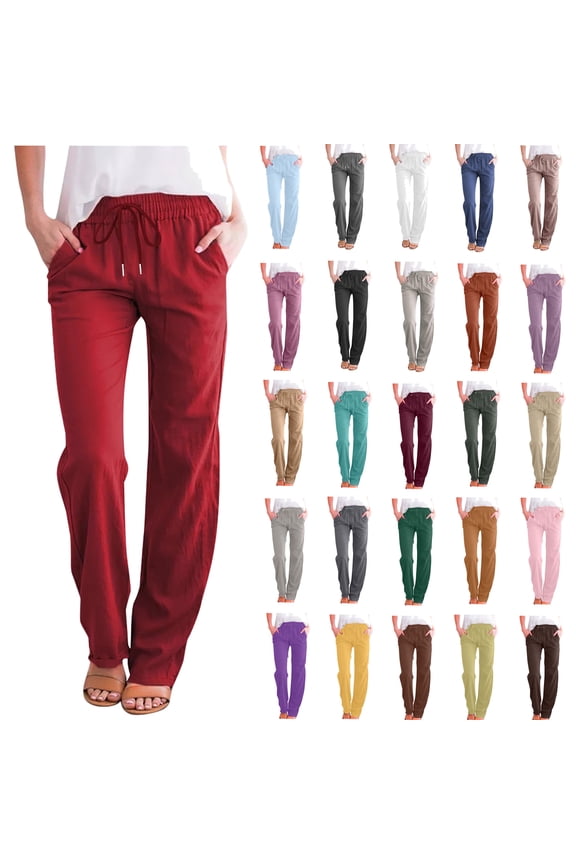 Womens Casual Linen Pants,Straight Leg Drawstring Elastic High Waist Loose Comfy Trousers with Pockets