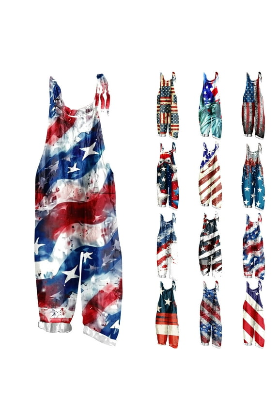 Womens Casual Summer Jumpsuits for Independence Day July 4th American Flag Print Sleeveless Sling Rompers with Pockets Loose Fit Wide Leg Overall Pants Green XXL