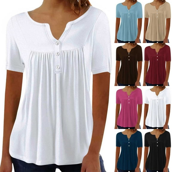 DDAPJ pyju Womens Casual Summer Tops Button V Neck Loose Tunic Short Sleeve Pleated Blouses Navy S