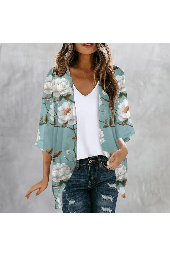 Womens Chiffon Kimono Cardigan Dressy Casual 3/4 Sleeve Open Front Duster Cardigans Lightweight Beach Swimsuit Cover Ups Summer Resort Wear Light Blue S
