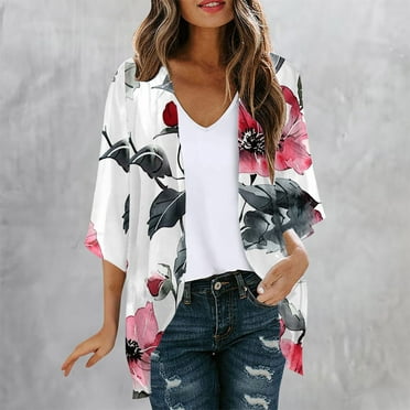 DDAPJ pyju Womens Chiffon Kimono Cardigan Dressy Casual 3/4 Sleeve Open Front Duster Cardigans Lightweight Beach Swimsuit Cover Ups 2025 Summer Resort Wear Birthday Gifts White XXL