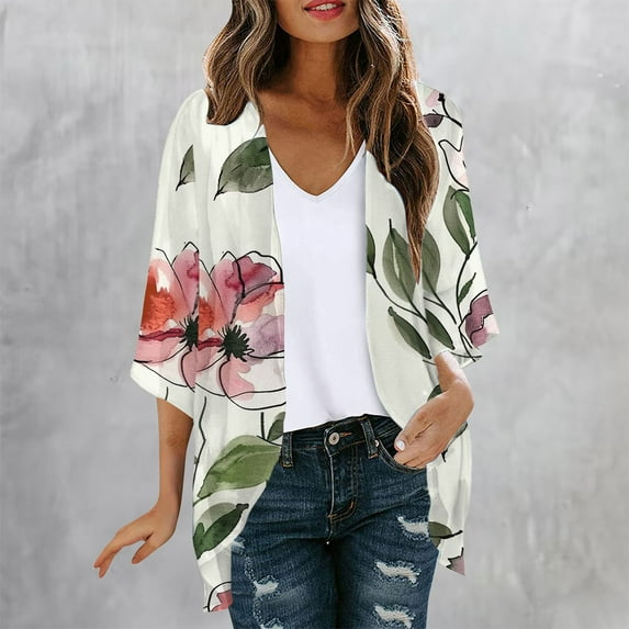 DDAPJ pyju Womens Chiffon Kimono Cardigan Dressy Casual 3/4 Sleeve Open Front Duster Cardigans Lightweight Beach Swimsuit Cover Ups 2025 Summer Resort Wear Beige L