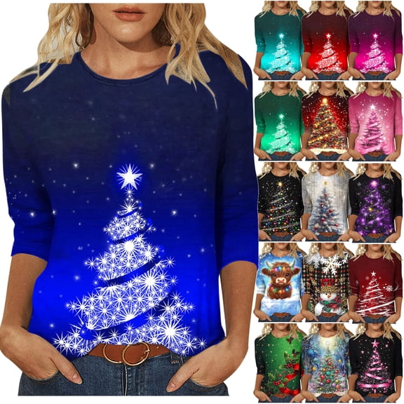 DDAPJ pyju Womens Christmas 3/4 Sleeve Crew Neck T-Shirts Xmas Tree Graphic Tees Holiday Party Blouse Tops Blue XXXL