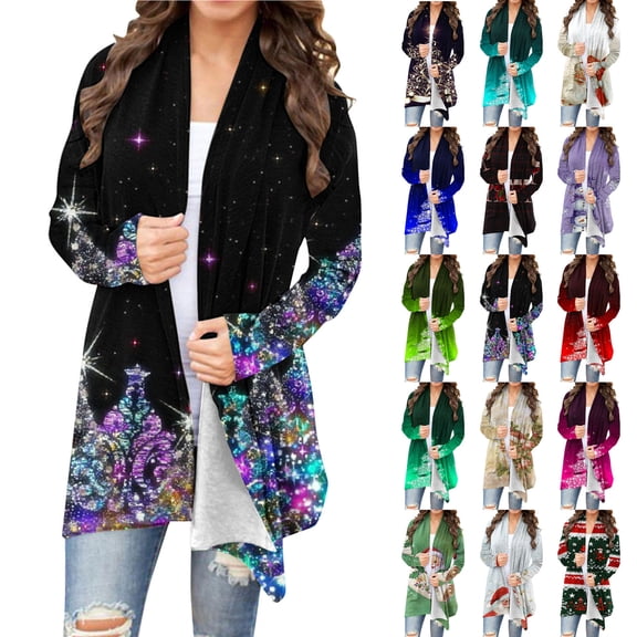 DDAPJ pyju Womens Christmas Cardigans Lightweight Open Front Long Sleeve Mid-Length Cardigan Funny Xmas Tree Snowflake Reindeer Print Outerwear Coat Green M