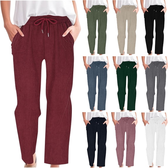 DDAPJ pyju Womens Corduroy Pants Drawstring High Waisted Straight Leg Trousers Casual Pull On Pants Loose Comfy Slacks with Pockets Wine XL