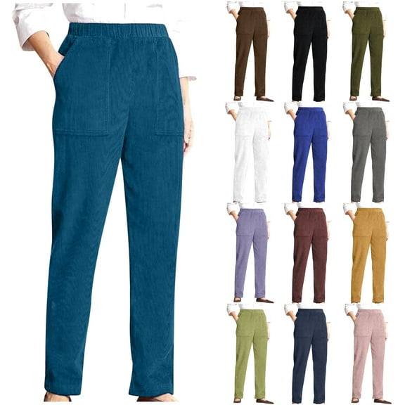 DDAPJ pyju Womens Corduroy Pants Elastic High Waisted Straight Leg Pants Fall Winter Casual Pull On Trousers Loose Comfy Slacks with Pockets White S