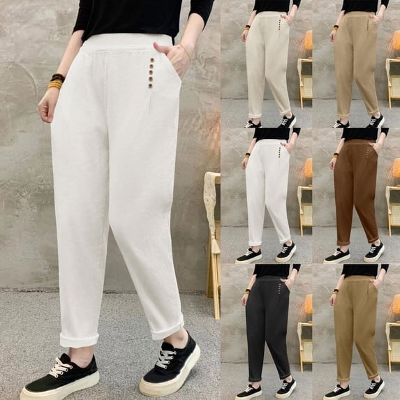 DDAPJ pyju Womens Cotton Casual Pants Elastic High Waisted Straight Wide Leg Pants Baggy Comfy Lounge Harem Pants with Pockets Beige XL