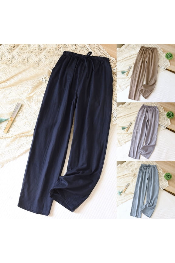 Womens Cotton Gauze Pants Drawstring High Waisted Wide Leg Palazzo Pants Comfy Baggy Lounge Beach Trousers with Pockets Gray L