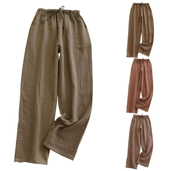 DDAPJ pyju Womens Cotton Gauze Pants Drawstring High Waisted Wide Leg Palazzo Pants Comfy Baggy Lounge Beach Trousers with Pockets Prime Sales Today Brown M