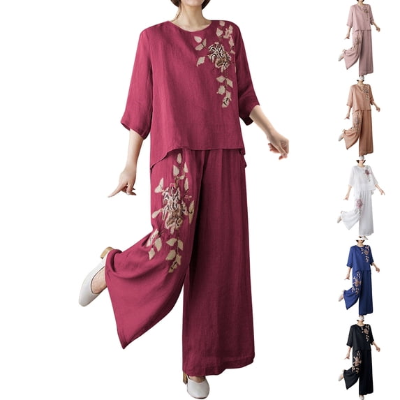 DDAPJ pyju Womens Cotton Linen 2 Piece Set Floral Embroidered Tops and Pants Matching Sets Summer Casual Beach Vacation Outfits Ofertas Prime Navy XXL