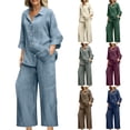 thumbnail image 1 of DDAPJ pyju Womens Cotton Linen 2 Piece Set Summer Beach Outfits Long Sleeve Button Down Shirts and Pants Matching Lounge Set Ofertas por tiempo limitado Gray S, 1 of 7