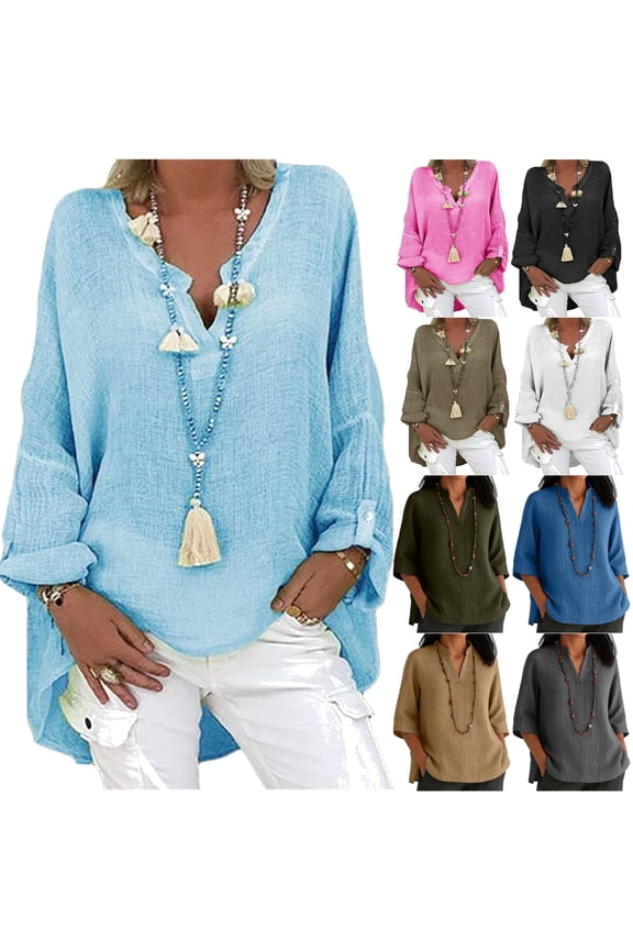 2026 Summer Tops for Women 3/4 Sleeve V Neck T-shirt Casual Loose Fit Side Split Blouse Tees Gray XXXL