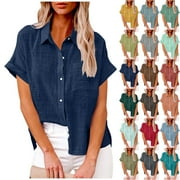 DDAPJ PYJU Casual Cotton Linen Button Down Shirts for Women Plus Size Lapel V Neck Short Sleeve Summer Blouse Top Plain Tees with Pocket Light Green XXXXL