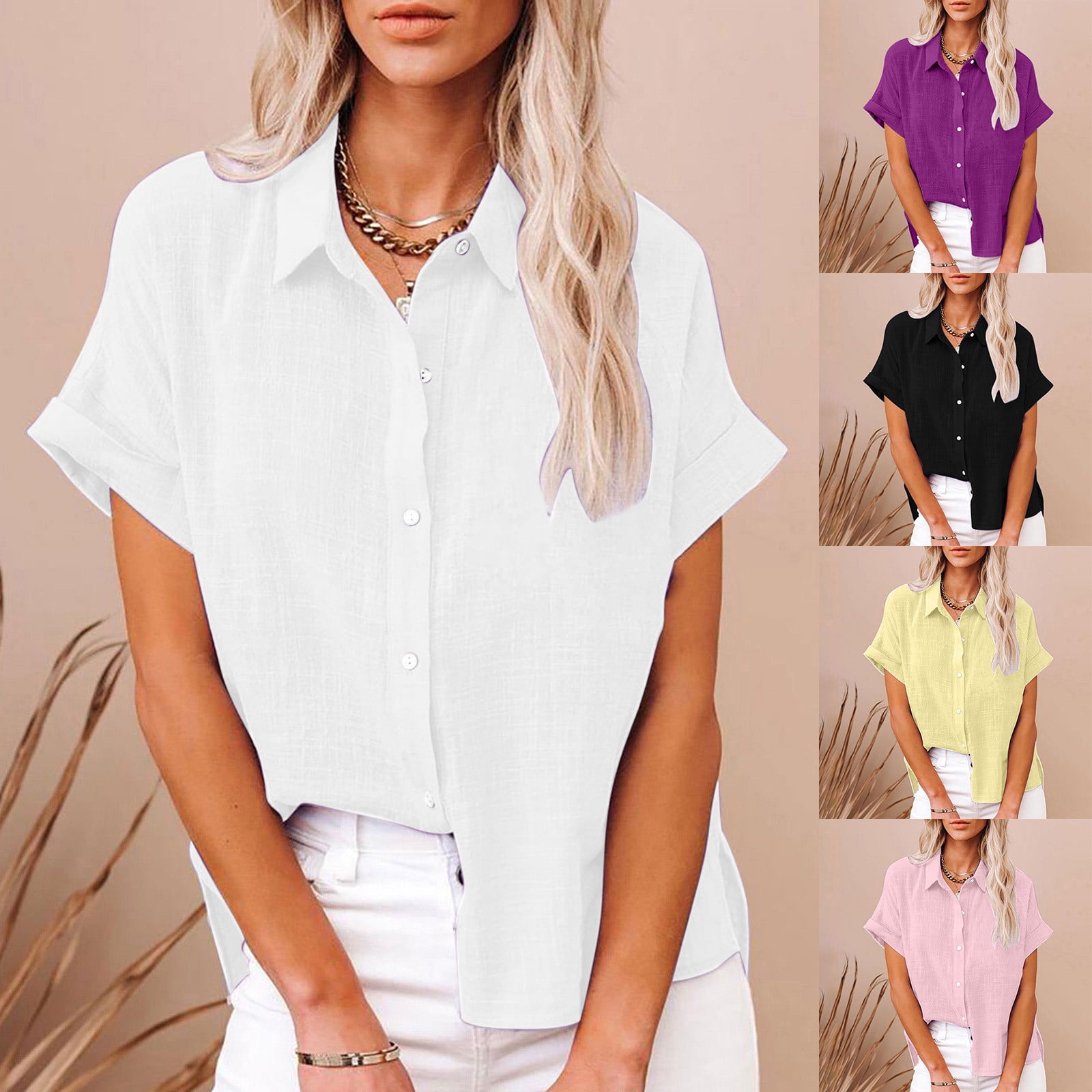 DDAPJ pyju Womens Cotton Linen Button Down Shirts Short Sleeve Collared ...
