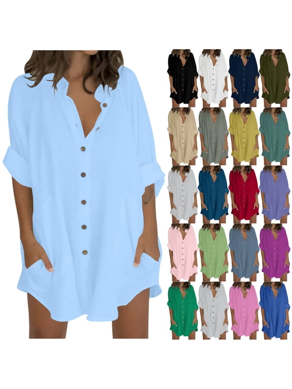 Womens Cotton Linen Button Down Shirts 3/4 Sleeve Collared Shirt Dress Oversized Boyfriend Shirts with Pockets Liquidación de hoy Army Green XXXL