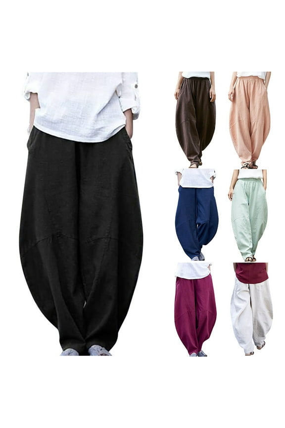 Womens Cotton Linen Casual Harem Pants Elastic Waist Baggy Summer Pants Lightweight Outdoors Jogger Yoga Bottoms Limited Time Sales of Today Orange M