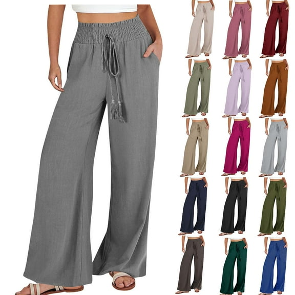 DDAPJ pyju Womens Cotton Linen Casual Summer Pants Smocked High Waisted Drawstring Wide Leg Pants Dressy Palazzo Pants with Pockets Wine M