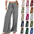 thumbnail image 1 of DDAPJ pyju Womens Cotton Linen Casual Summer Pants Smocked High Waisted Drawstring Wide Leg Pants Dressy Palazzo Pants with Pockets Today's Sales Blue XXL, 1 of 6
