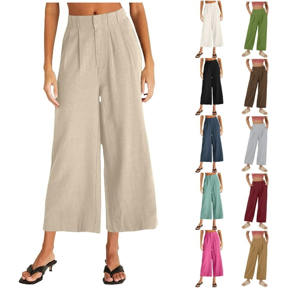 DDAPJ pyju Womens Cotton Linen Dress Work Pants Business Casual Capri Pants Lightweight Flowy Summer Cropped Pants Solid Basic Wide Leg Capris with Pockets Limited Time Sales of Today Black XXL