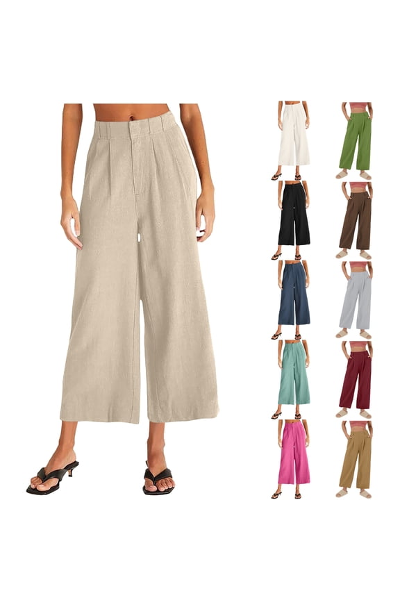 Womens Cotton Linen Dress Work Pants Business Casual Capri Pants Lightweight Flowy Summer Cropped Pants Solid Basic Wide Leg Capris with Pockets Prime Sales Today Brown XL
