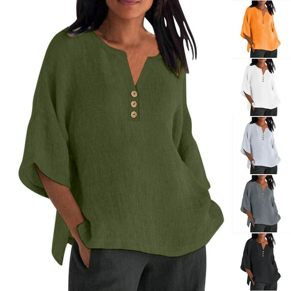 DDAPJ pyju Womens Cotton Linen Half Sleeve Tops Basic Solid Casual V Neck Button Up Blouses Loose Flowy Summer Beach Tee Shirt Side Slit Tops Army Green M