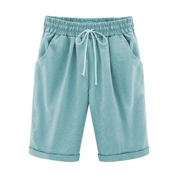 DDAPJ pyju Womens Cotton Linen Knee Length Shorts Basic Solid Rolled Hem Bermuda Shorts Drawstring Elastic Waisted Casual Beach Shorts with Pockets Bermudas para Verano Mint Green XXXXXL