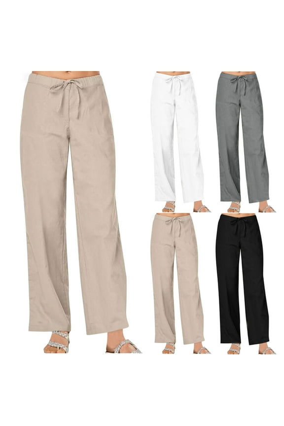 Womens Cotton Linen Pants Summer Casual Wide Leg Pants Elastic Waist Drawstring Lounge Beach Trousers with Pockets Khaki L