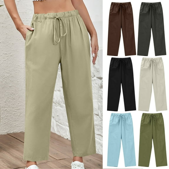 DDAPJ pyju Womens Cotton Linen Pants Lightweight Drawstring Summer Pants Casual Loose Comfy Trousers with Pockets Khaki XXL