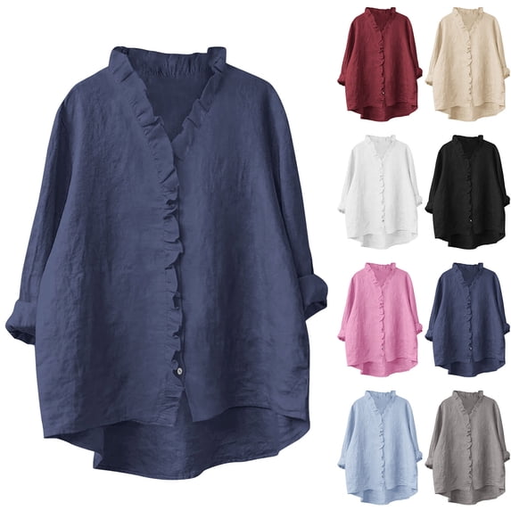DDAPJ pyju Womens Cotton Linen Shirt Long Sleeve Button Down Shirts Elegant Ruffled Blouses Ofertas Flash Beige S